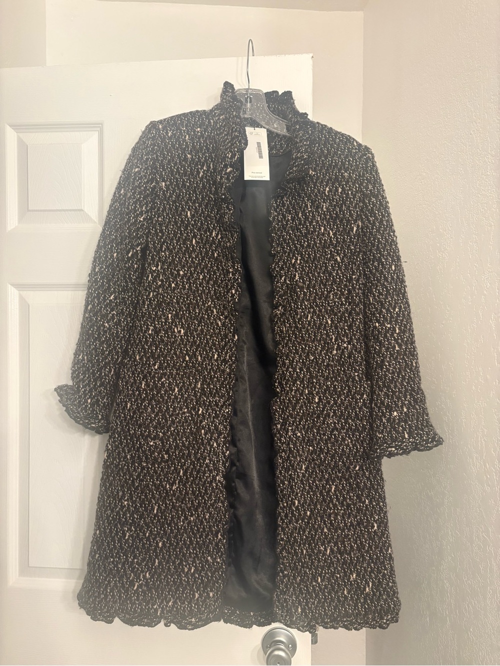 DKNY Black and Cream Tweed Bouclé Pea Coat